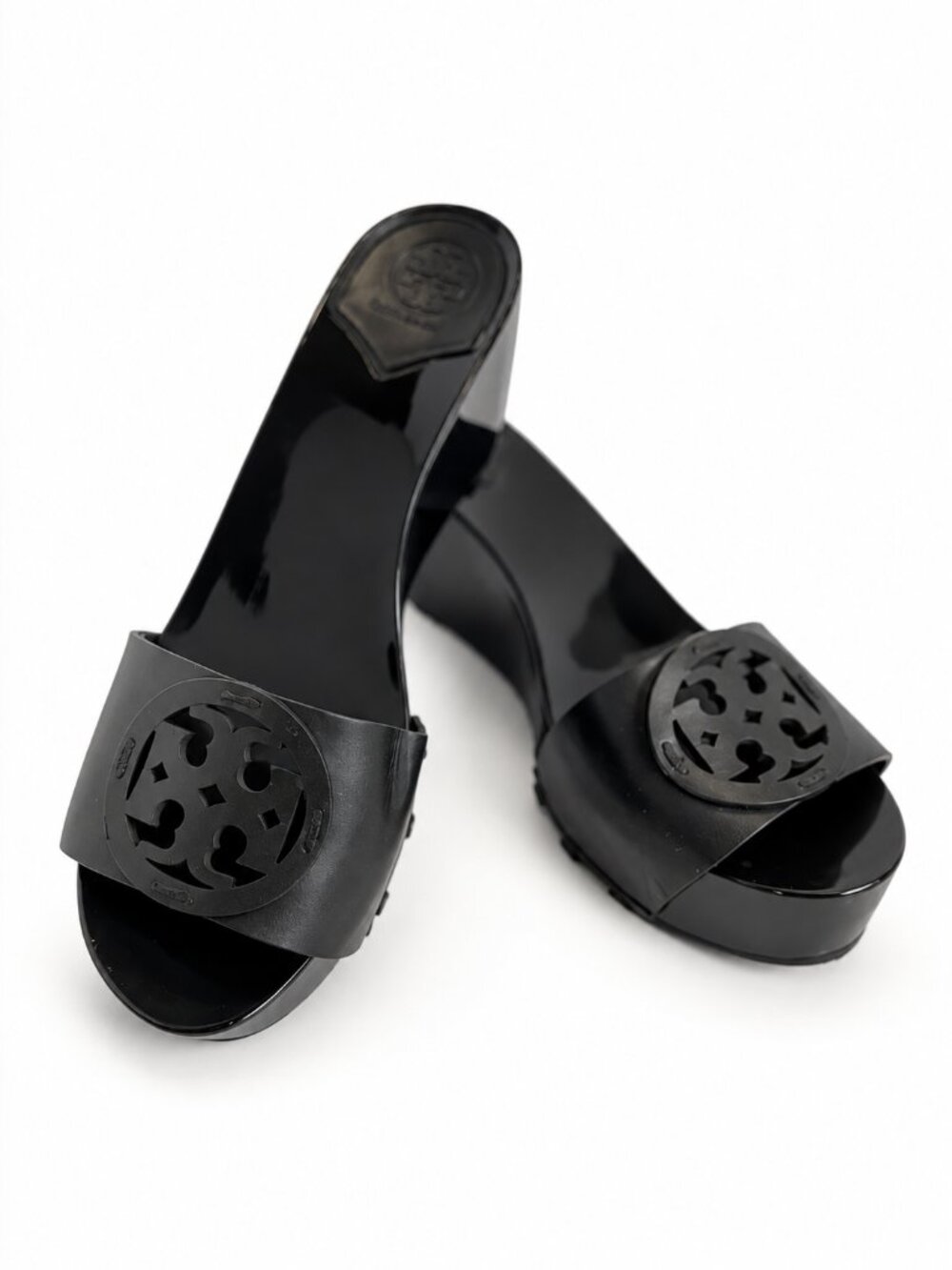 Tory Burch Black Leather Platform Wedge Sandals, Size 8.5